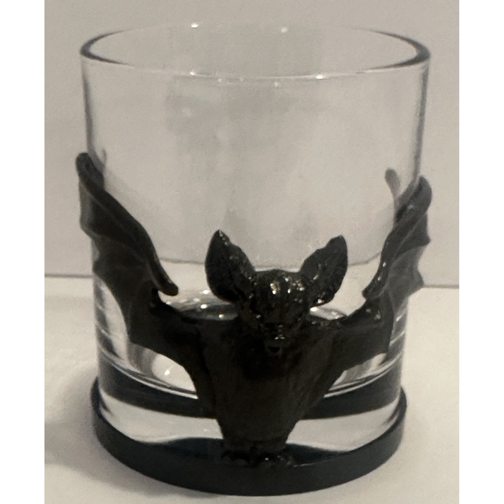 World Market Black Bat Glass Tumbler‎ Metal Holder Gothic Halloween Bar Decor